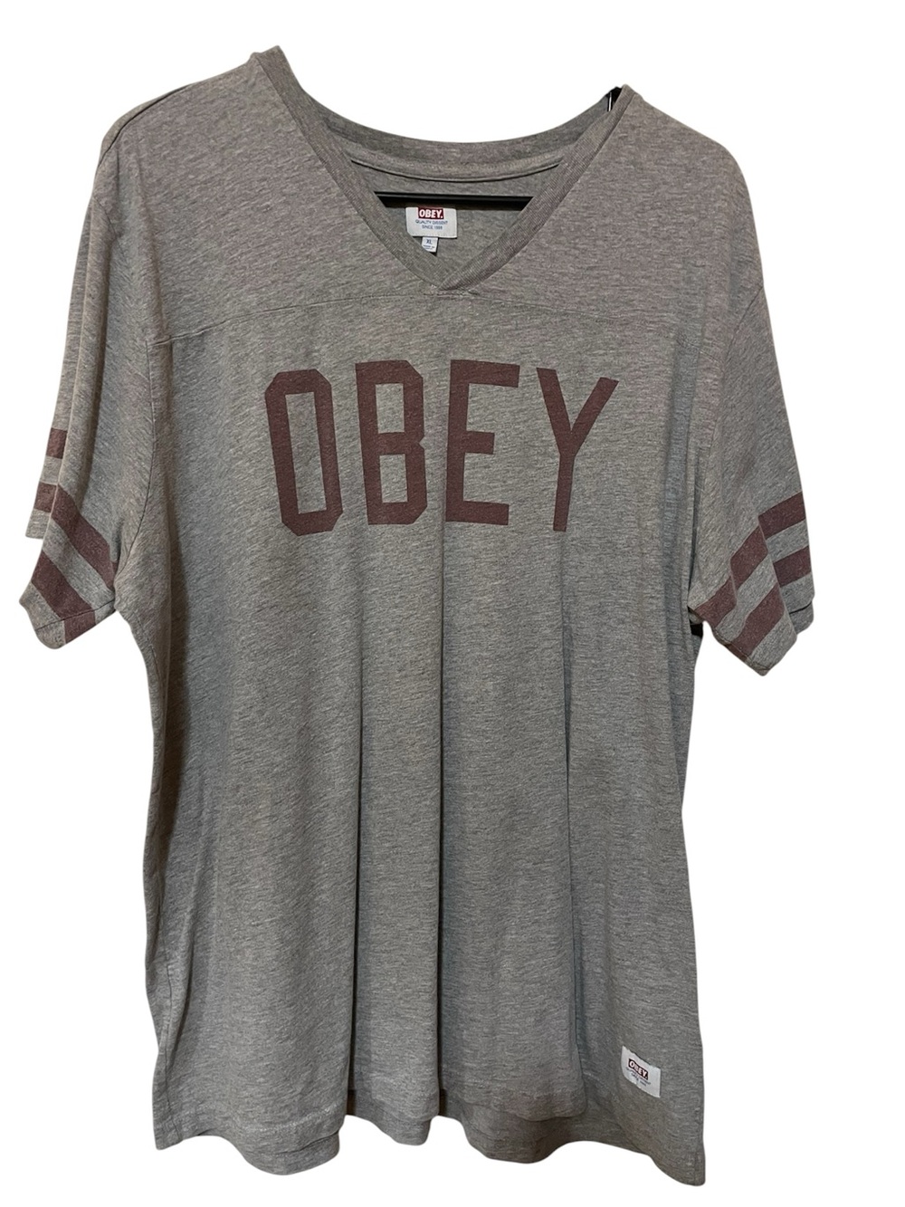 Obey Men's Gray V-Neck Tee with Maroon Logo and Sleeve Stripes